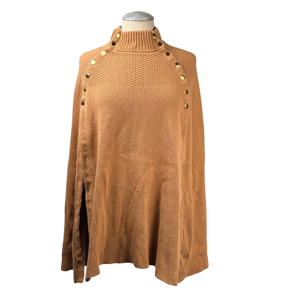 Gilli Knit Cape Poncho Button Detail Turtleneck Sweater Gold Toned XL/1X 2X